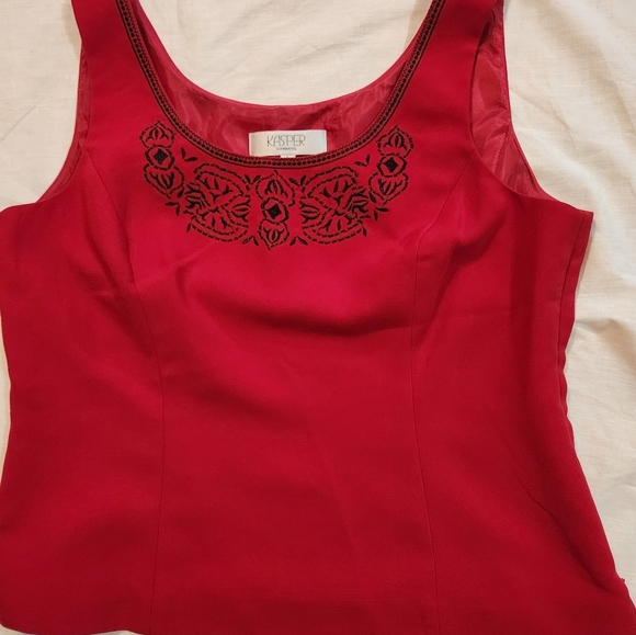 Kasper Tops - Kasper Cropped Suit Blouse Size L Red with Black Embroidery Vintage Fitted